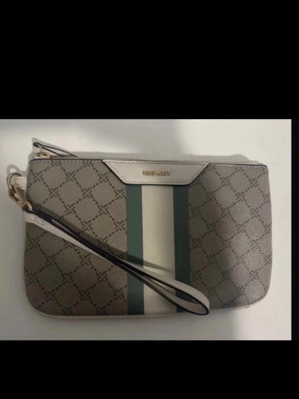 Nine West Gray Patterned Wristlet with Green and Cream Stripes